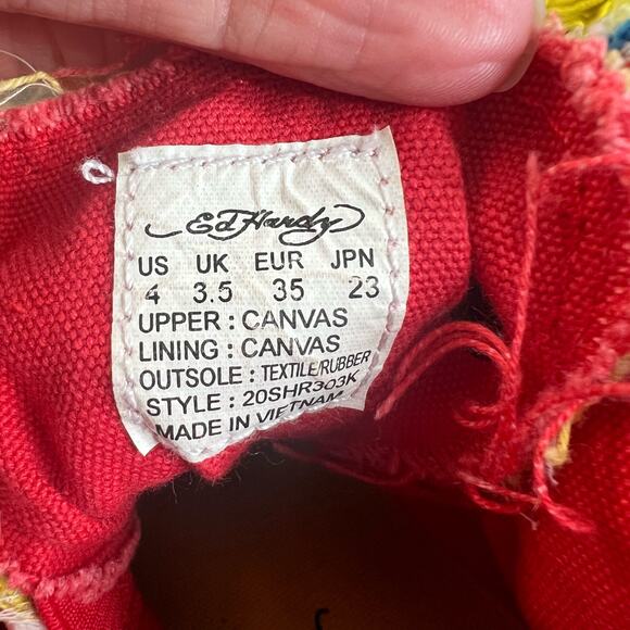 Ed Hardy High Top Sneakers 4 Boys Kids Lace Up Graphic Skulls Tattoo Canvas Red - Picture 9 of 13